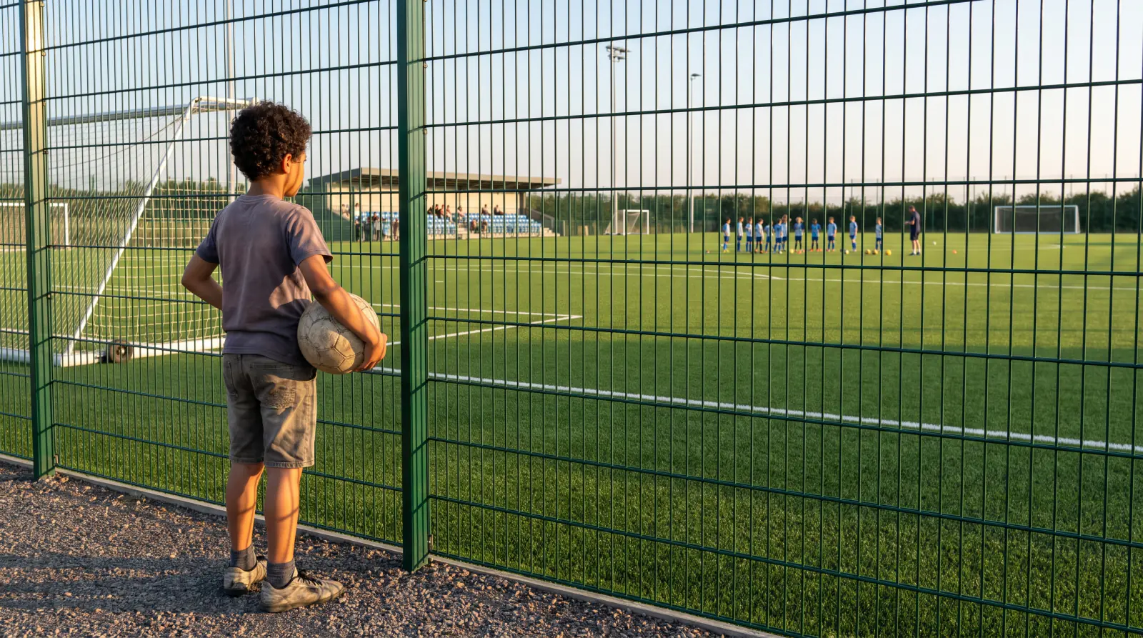 Pojke med en fotboll som tittar på en träning genom stängslet